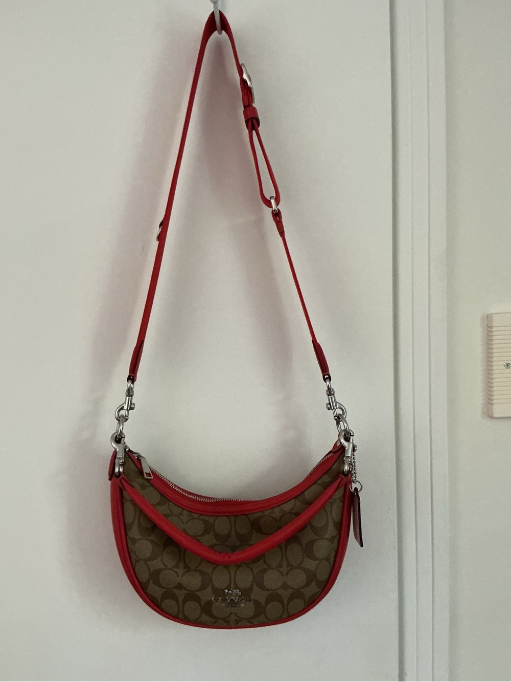 Coach Brown Signature Canvas Crescent Shoulder Bag with Red Trim